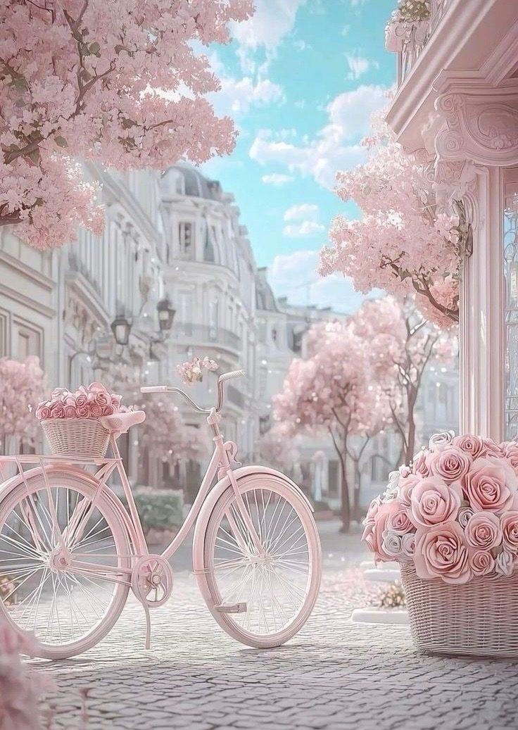 Pink bicycle on a blossom-lined street