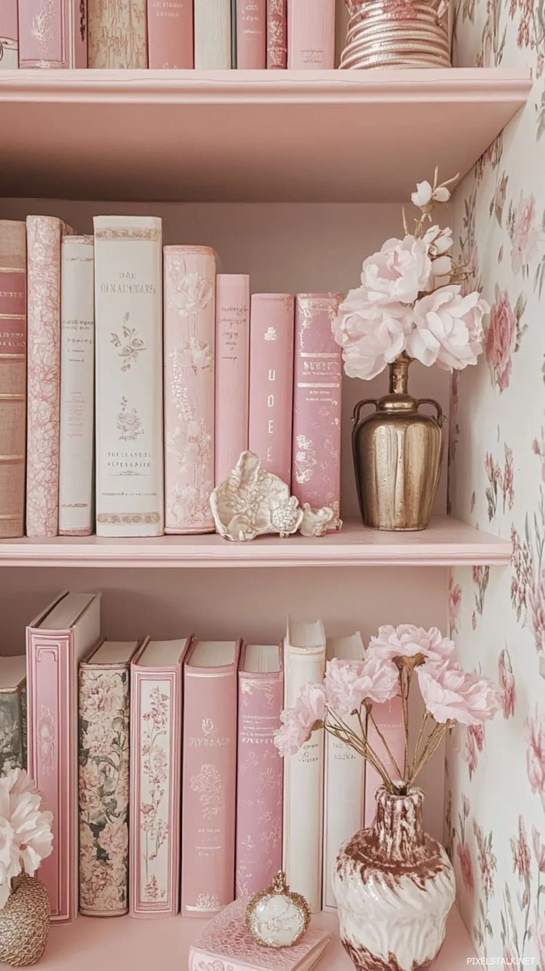 Blush bookshelf with peonies