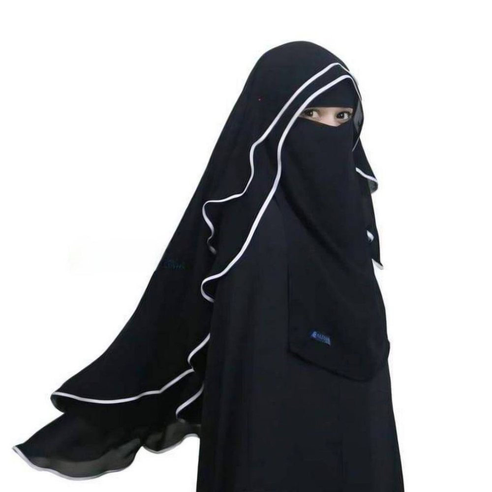 Black layered niqab with white piping